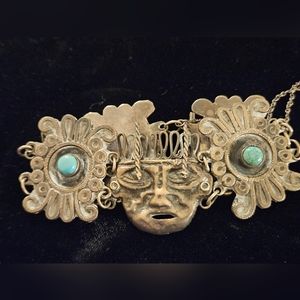 Vintage Sterling Silver & Green Turquoise Bracelet 1940's Taxco Mexico